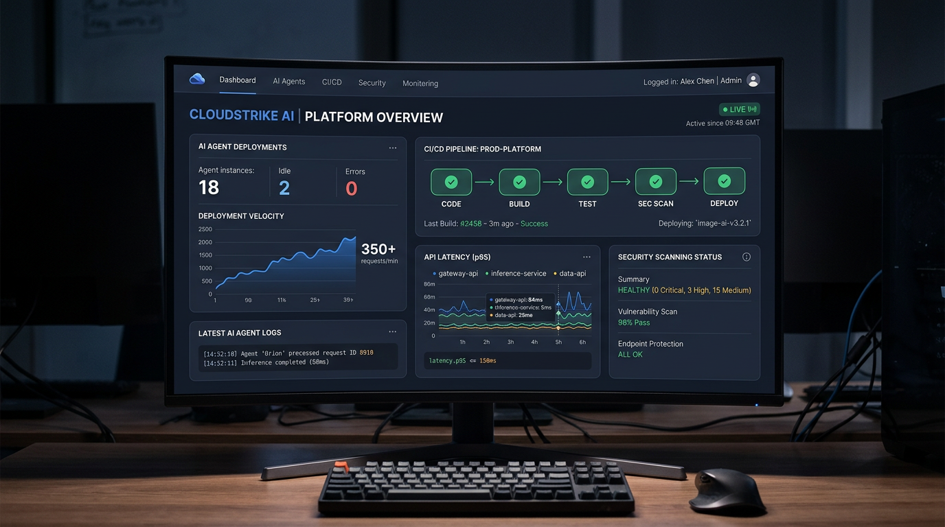 Dashboard showing AI agent deployment metrics and CI/CD pipeline status